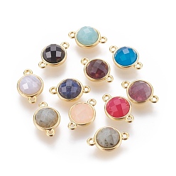 Mixed Stone Natural Gemstone Links connectors, with Brass Findings, Faceted, Flat Round, Golden, 15.5x10x6mm, Hole: 1.4mm