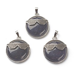 Blue Goldstone Synthetic Blue Goldstone Pendants, with Platinum Tone Brass Findings, Flat Round with Glasses, 32~32.5x27.5x9mm, Hole: 6.5x5mm