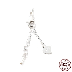 Silver 925 Sterling Silver Curb Chain Extender, End Chains with Lobster Claw Clasps and Cord Ends, Heart Chain Tabs, with S925 Stamp, Silver, 21.5mm