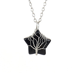 Obsidian Natural Obsidian Star Pendant Necklace, with Platinum Alloy Chains, 20.87 inch(53cm)