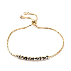 Black Enamel Heart with Evil Eye Link Slider Bracelet with Cubic Zirconia, Real 18K Gold Plated Brass Lucky Jewelry for Women, Black, Inner Diameter: 1/2~3-1/4 inch(1.2~8.3cm)