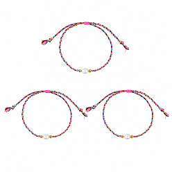 Hot Pink Boho Round Natural Freshwater Pearl Braided Bead Bracelet Sets for Women, Adjustable Stackable Bracelets, Golden, Hot Pink, 11.02 inch(28cm), 3pcs/set