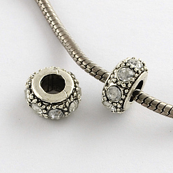 Crystal Alloy Rhinestone Rondelle Large Hole European Beads, Antique Silver, Crystal, 12~13x6.5mm, Hole: 5~5.5mm