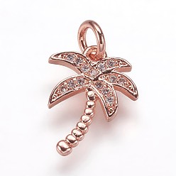 Rose Gold Brass Micro Pave Cubic Zirconia Pendants, Coconut Tree Charms, Rose Gold, 14x10x1.5mm, Hole: 3mm