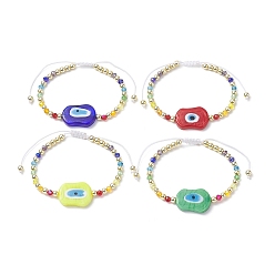 Mixed Color Evil Eye Lampwork Braided Bead Bracelet with Glass Beaded Chains for Women, Mixed Color, Inner Diameter: 2~3-3/8 inch(5~8.5cm)