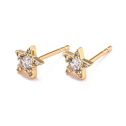 Real 18K Gold Plated Star Sparkling Cubic Zirconia Stud Earrings for Her, Brass Micro Pave Cubic Zirconia Earrings, Real 18K Gold Plated, 5.5x6x2mm, Pin: 0.8mm