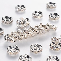 Clear Middle East Rhinestone Spacer Beads, Clear, Brass, Silver Color Plated, Nickel Free, Size: about 8mm in diameter, 3.8mm thick, hole: 1.5mm