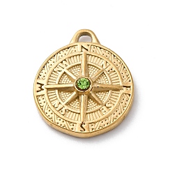 Перидот 304 из нержавеющей стали горный хрусталь подвески, ионное покрытие (ip), реальный 14 k позолоченный, плоский круглый с подвеской в виде компаса, перидот, 18.5x16x4 мм, отверстие : 1.5 мм