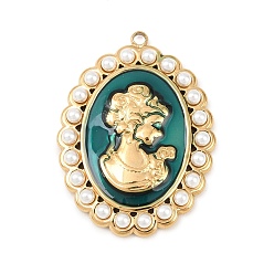 Зеленый 304 Подвески из нержавеющей стали с эмалью и имитацией жемчуга из АБС-пластика, овал с женскими прелестями, ионное покрытие (ip), реальный 18 k позолоченный, зелёные, 35x26x4 мм, отверстие : 1.8 мм