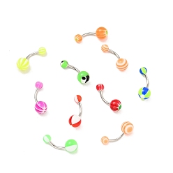 Mixed Color 10Pcs Acrylic Round Beaded Curved Barbell, 304 Stainless Steel Piercing Navel Ring for Women, Mixed Color, 23x8mm, Pin: 1.6mm