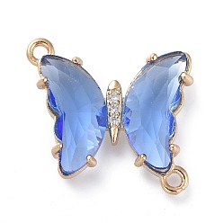 Cornflower Blue Glass Links Connectors, with Brass Micro Pave Cubic Zirconia, Faceted, Butterfly, Light Gold, Cornflower Blue, 20x20x4mm, Hole: 1.5mm