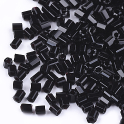 Black Grade A Glass Seed Beads, Hexagon(Two Cut), Opaque Colours, Black, 1.5~2.5x1.5~2mm, Hole: 0.8mm, about 2100pcs/bag, 450g/bag
