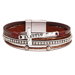 brown Bohemian Style Cross Bracelet with Magnetic Clasp - Luxurious, Micro Inlaid Diamond, PU Leather.