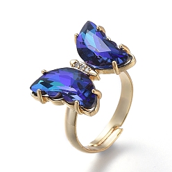 Blue Adjustable Brass Glass Finger Rings, with Clear Cubic Zirconia, Butterfly, Golden, Blue, Size 7, Inner Diameter: 17mm