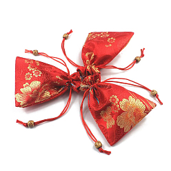 Red Chinese Style Flower Pattern Satin Jewelry Packing Pouches, Drawstring Gift Bags, Rectangle, Red, 14.5x10.5cm