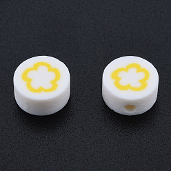 Gold Handmade Polymer Clay Beads, Flat Round with Flower, Gold, 9~9.5x4~5mm, Hole: 1.6mm