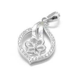 Platinum Rhodium Plated 925 Sterling Silver Pendant Bails, with Cubic Zirconia, For Half Drilled Beads, Flower, Clear, Platinum, 20x13x2mm, Hole: 4.5x3mm, Pin: 0.8mm, Tray: 6.5mm