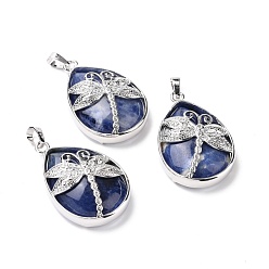 Sodalite Natural Sodalite Pendants, with Platinum Tone Brass Findings, Lead Free & Cadmium Free, Teardrop with Dragonfly Charms, 40~40.5x26~26.5x9~9.5mm, Hole: 5x7mm