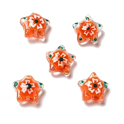 Orange Red Handmade Lampwork Beads, Star with Flower Pattern, Orange Red, 12~12.5x12.5~13x6~6.5mm, Hole: 0.9~1mm