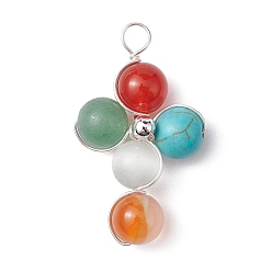 Cross Gemstone Round Beaded Pendants, Silver Color Plated Copper Wire Wrapped Cross Charms, Cross, 36x21x8mm, Hole: 3.8mm