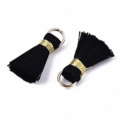 Black Handmade Polycotton(Polyester Cotton) Tassel Decorations, Pendant Decorations, with Golden Iron Loops, Black, 17~21x10x5mm, Jump Ring: 6x0.7mm, Inner Diameter: 4.6mm