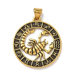 Скорпион Латунные подвески, стойки покрытие, плоские круглые с созвездием, без свинца и без кадмия, долговечный, Скорпион, 26x23.5x1.5 мм, отверстие : 3.8x3.4 мм