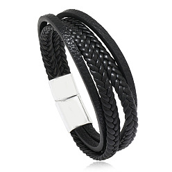 Black skin white k22cm Minimalist Braided Leather Magnetic Clasp Bracelet for Men - Retro and Trendy Design
