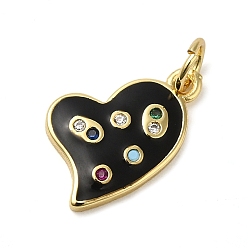Black Rack Plating Brass Pendants, with Enamel and Cubic Zirconia, Lead Free & Cadmium Free, Real 18K Gold Plated, Heart, Black, 16x10x1.5mm