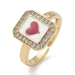 Светло-Вишневый Латунные микро проложить манжеты кольца кубического циркония, с эмалью, прямоугольник и сердце, долговечный, стойки покрытие, без свинца и без кадмия, реальный 18 k позолоченный, светло-вишневый, 12x11 мм