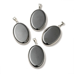 Non-magnetic Hematite Synthetic Non-magnetic Hematite Pendants, Oval Charms with Platinum Plated Metal Findings, 39.5x26x6mm, Hole: 7.6x4mm