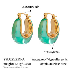 Зеленый Серьги-кольца из нержавеющей стали и смолы, реальный 18 k позолоченный, зелёные, 25.6x23 мм