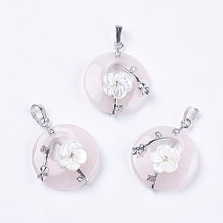 Rose Quartz Natural Rose Quartz Pendants, with Shell, Rhinestone and Platinum Tone Brass Findings, Flat Round with Flower, 35.5~36x28x8mm, Hole: 5x8mm
