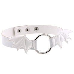 white Unique Punk Bat Wing Leather Collar Necklace with Circular O-Ring and Lock Chain for Statement Style