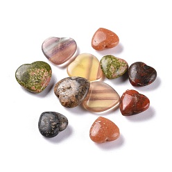 Mixed Stone Natural Mixed Gemstone Beads, Half Drilled, Heart, 12~15x12~15x5mm, Hole: 1.4mm