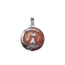 Goldstone Synthetic Goldstone Pendants, Moon Charms, with Platinum Plated Alloy Cat Shape Findings, 28x24mm