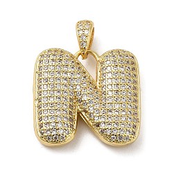 Letter N Brass Micro Pave Cubic Zirconia Pendants, Cadmium Free & Lead Free, Long-Lasting Plated, Real 18K Gold Plated, Letter N, 19.5x20.5x5.5mm, Hole: 4.5x3mm