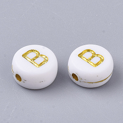 Letter B Plating Acrylic Beads, Golden Metal Enlaced, Horizontal Hole, Flat Round with Alphabet, White, Letter.B, 7x3.5mm, Hole: 1.2mm, about 3600pcs/500g