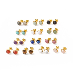 Mixed Stone Gemstone Half Round Stud Earrings, Golden Brass Jewelry for Women, Cadmium Free & Lead Free, 14x8mm, Pin: 0.7mm