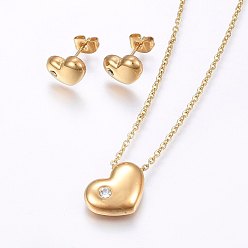 Golden 304 Stainless Steel Jewelry Sets, Stud Earrings and Pendant Necklaces, with Rhinestone, Heart, Golden, Necklace: 17.7 inch(45cm), Stud Earrings: 8x11x3.5mm, Pin: 0.8mm