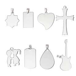 Stainless Steel Color 201 Stainless Steel Heart Stamping Blank Tag Pendants, Mixed Shapes, Stainless Steel Color, 30~70x20~40x1mm, hole: 3~8mm, 32pcs/box