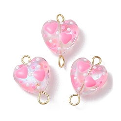 Pink Glass Enamel Heart Links Connector Charms, with Golden Plated 304 Stainless Steel Double Loops, Pink, 18.5x12x6mm, Hole: 2mm & 2.5mm