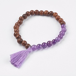 Amethyst Natural Amethyst Stretch Bracelets, with Wood Beads and Cotton Thread Tassel, 2-1/8 inch(5.5cm)