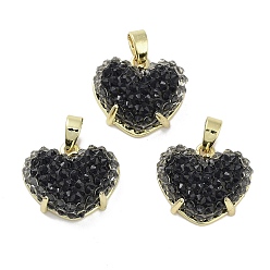 Черный Подвески в форме сердечек из смолы друзы, Покрытие стойки из настоящей 18k позолоченной латуни, подвески в форме сердца любви, долговечный, без кадмия и без свинца, чёрные, 13.5x15.5x7 мм, отверстие : 3.3x5.2 мм