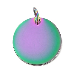 Rainbow Color Ионное покрытие (ip) 304 подвески из нержавеющей стали, с целью перехода в кольце, зеркальная полировка, плоский круглый шарм, штамповка пустой метки, Радуга цветов, 14x1 мм, отверстие : 3.5 мм