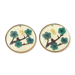 Dark Green Plating Brass & Transparent Epoxy Resin & Dried Flower Pendants, Flat Round with Flower & Butterfly Pattern Charm, with Glitter Powder, Dark Green, 30x3mm, Hole: 1.1mm