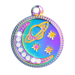 Rainbow Color 201 Stainless Steel Rhinestone Pendants, Flat Round with Planet & Moon & Star Charm, Rainbow Color, 17x14x2mm, Hole: 1.2mm