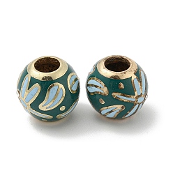 Golden Alloy Enamel European Beads, with Rhinestone, Large Hole Beads, Round with Flower, Golden, 13.5x13mm, Hole: 5mm
