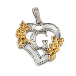 Letter G Латунь микропаве фианиты с подвесками-ракушками, Сердце и письмо, долговечный, без свинца и без кадмия, стойки покрытие, Буква G, 20x20.5x3 мм, отверстие : 3.5x5 мм