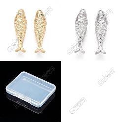Platine & Or 12 pcs 2 couleurs pendentifs en laiton micro pavé zircone cubique, charmes de poissons, platine et d'or, 20.5x6x4.5mm, Trou: 0.9mm, 6 pcs / couleur