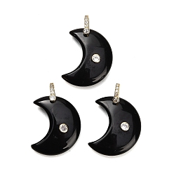 Obsidienne Pendentifs en obsidienne naturelles, charmes lune, avec des pierres précieuses en laiton pavées de zircone cubique, or, 28~30x24.5~25.5x8~9mm, Trou: 5.5x6mm
